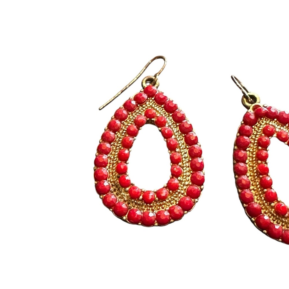 Vintage Inspired Red Beaded and Gold Hollow Teardrop Drop Earrings - Picture 2 of 6